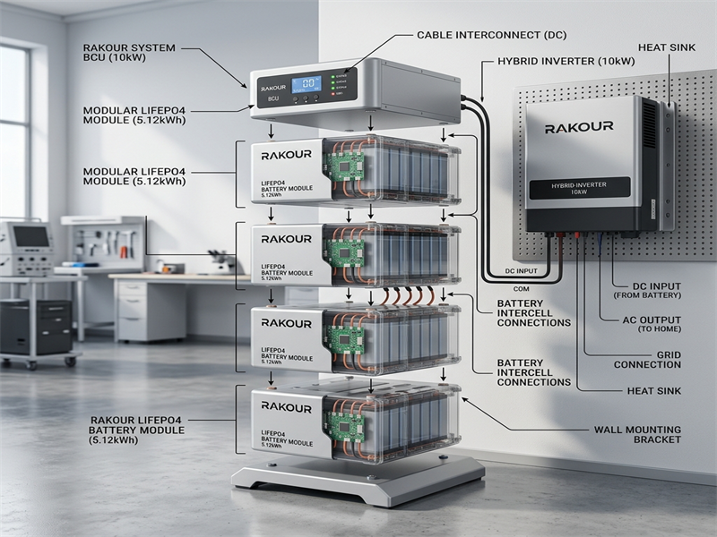 Exploded view of a modular residential battery storage system, showing LiFePO4 modules, Battery Control Unit (BCU), and external hybrid inverter.