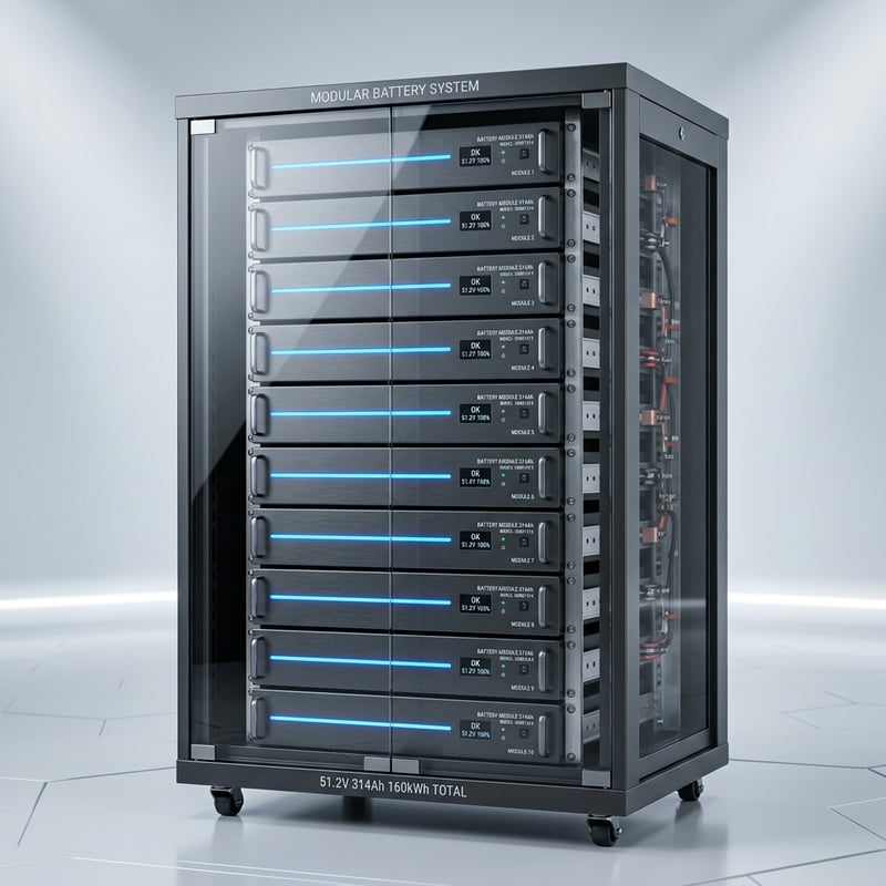 RAKOURHV high-voltage modular server rack battery storage system configures 5 to 17 units of 51.2V 314Ah LiFePO4 modules inside a premium cabinet, scaling capacity from 80kWh to 225kWh.