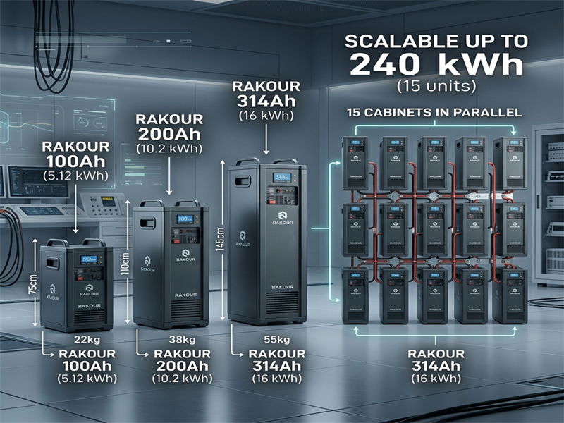 RAKOUR battery modules in multiple size configurations including 100Ah, 200Ah, and 314Ah, demonstrating scalable expandability up to 240 kWh.