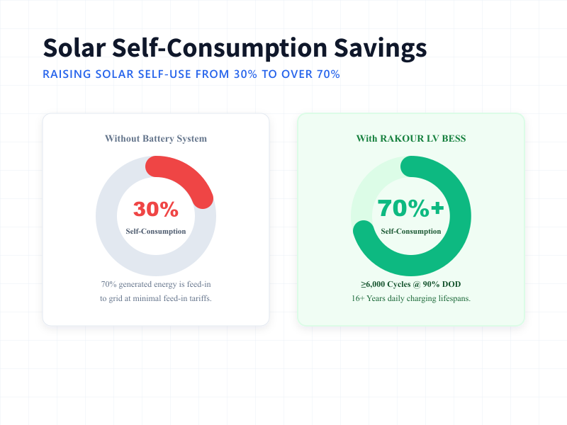 Solar self-consumption rate comparison diagram showing donut charts of 30% solar self-use vs 70% with Rakour battery.