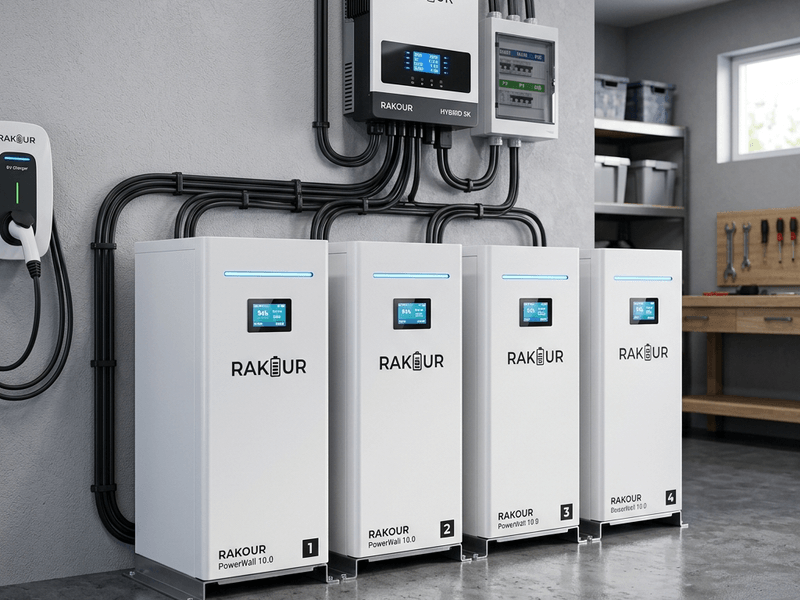 Rakour low-voltage home battery backup system supporting up to 15 units in parallel to scale capacity from 5.12 kWh to 240 kWh+ without replacing the inverter or rewiring the DC bus.