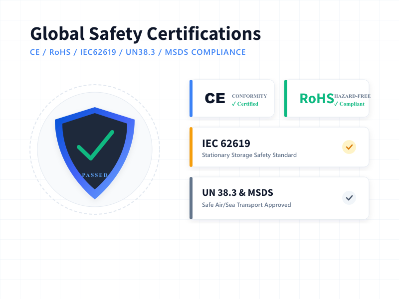 Compliance and safety certification badges for Rakour 51.2V 200Ah-LV rack battery including CE, RoHS, and IEC62619.