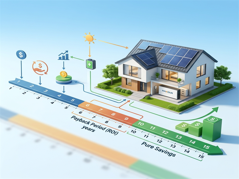 Investment payback timeline for home energy storage, illustrating initial break-even window and subsequent long-term utility savings.