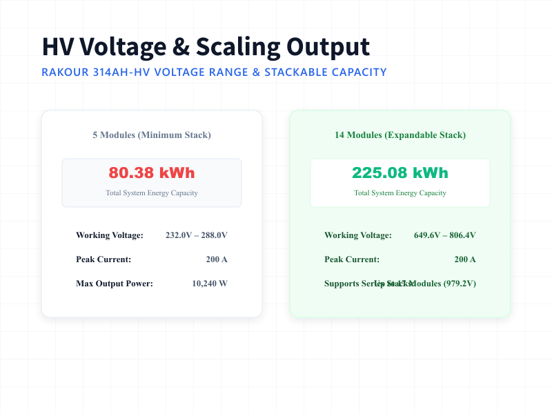 Technical comparison chart of Rakour 314Ah-HV system scaling from 5 modules (80kWh) to 14 modules (225kWh).