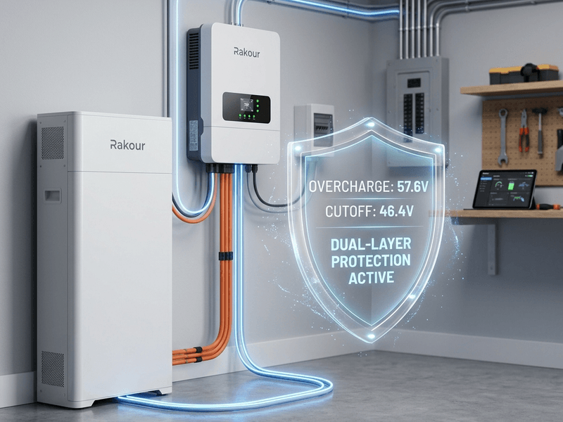 BMS-inverter closed feedback loop in a Rakour home battery system showing a dual-layer safety mechanism that triggers at 57.6V overcharge or 46.4V undervoltage cutoff to protect the battery pack.