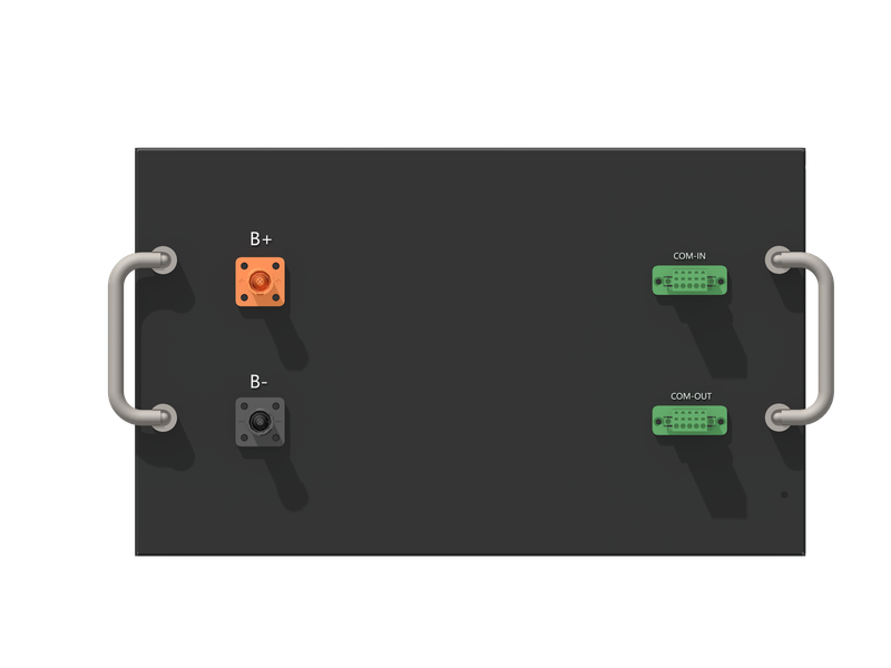 Rakour high-voltage battery BMS control box front panel featuring integrated LCD touchscreen display screen, breakers, and communications.