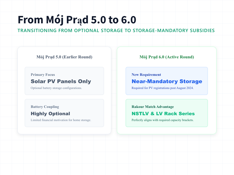 Comparison chart comparing Moj Prad 5.0 solar only rules and Moj Prad 6.0 mandatory battery storage requirements.