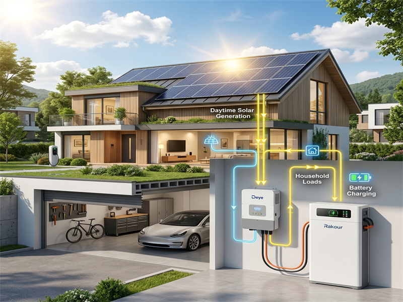 RAKOUR battery panel featuring touch screen interface, compatible with Deye inverters via CAN and RS485.