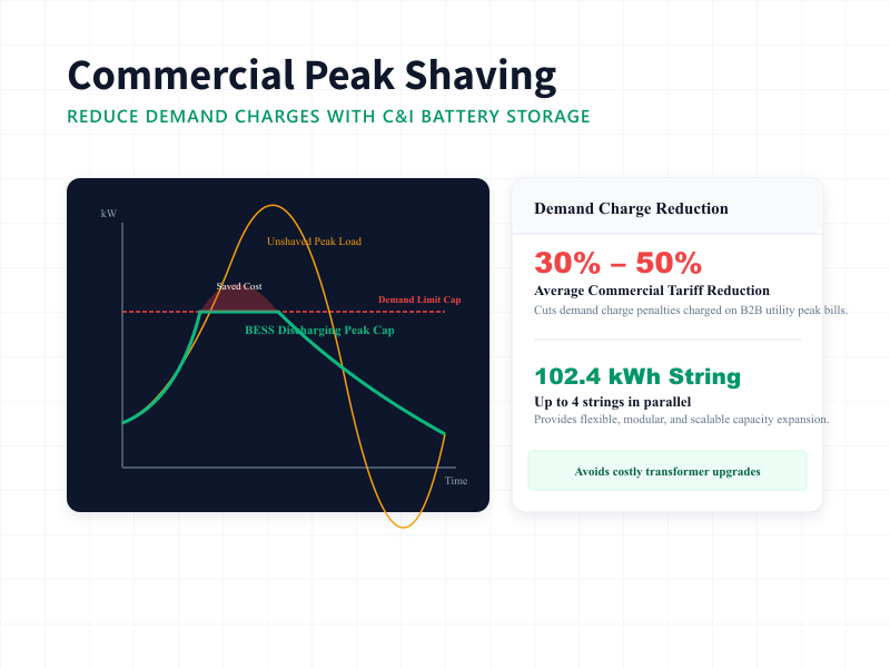 Commercial load profile graph demonstrating peak shaving demand limit cap and BESS discharging cost savings.