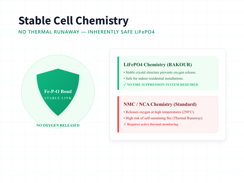 Chemical structure stability comparison showing no oxygen release of Rakour LiFePO4 battery cell compared to NMC.