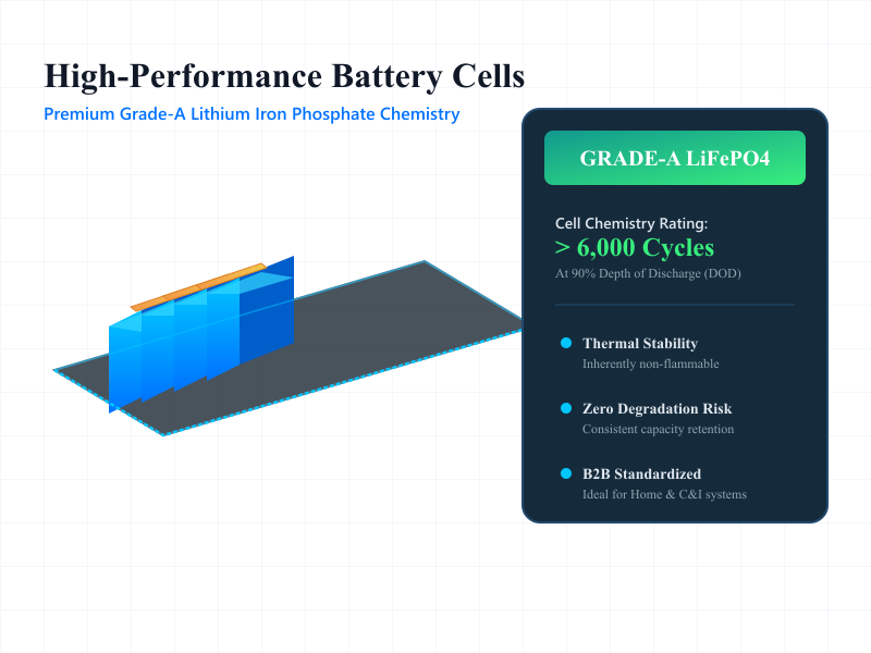Internal prismatic Grade-A LiFePO4 battery cells of Rakour 51.2V 200Ah server rack battery showing high-performance cycle life.