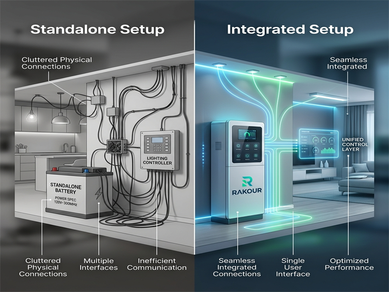 Comparison diagram showing standalone setups versus an integrated RAKOUR home battery system with a unified control layer.