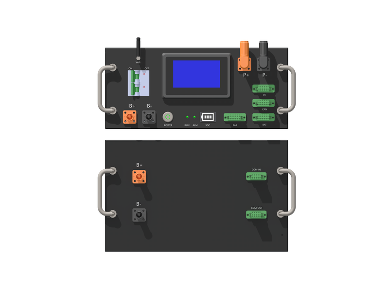 Rakour high-voltage BMS controller box stacked with a 51.2V 200Ah battery module for scalable solar energy storage.