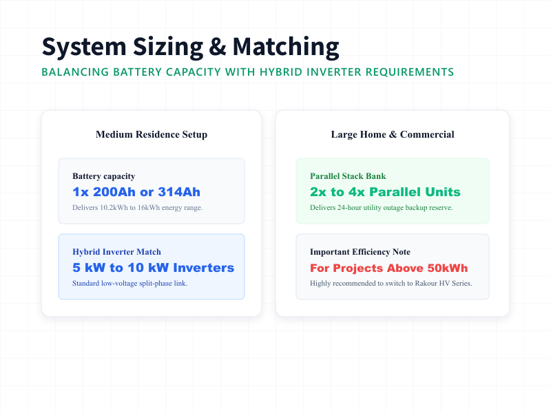 Matching matrix matching home size, low-voltage battery capacity modules, and hybrid inverter kilowatts.