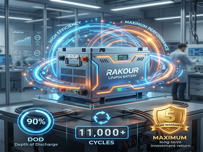 High-performance RAKOUR LiFePO4 battery module showing long life statistics including 11,000 cycles, 90% DOD, and a 5-year warranty.