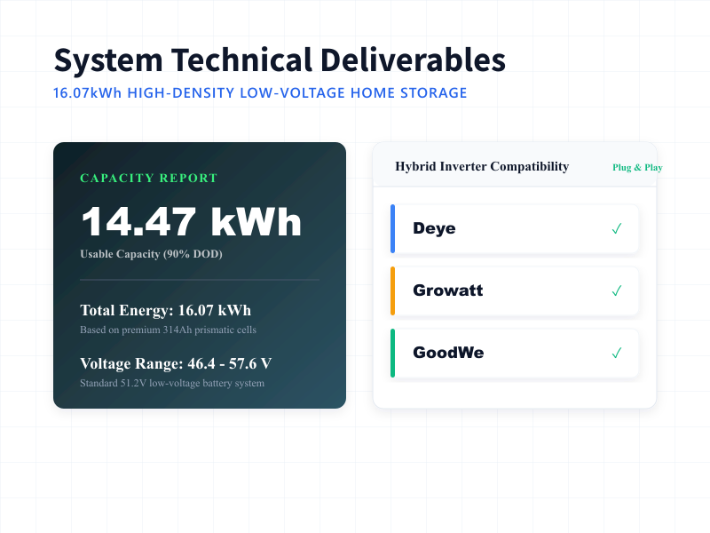 Technical specifications and hybrid inverter compatibility chart for Rakour 51.2V 314Ah-LV residential battery.