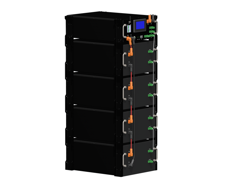 Front view of Rakour high-voltage rack-mounted solar battery system composed of a high-voltage BMS and 5 series-connected battery modules.