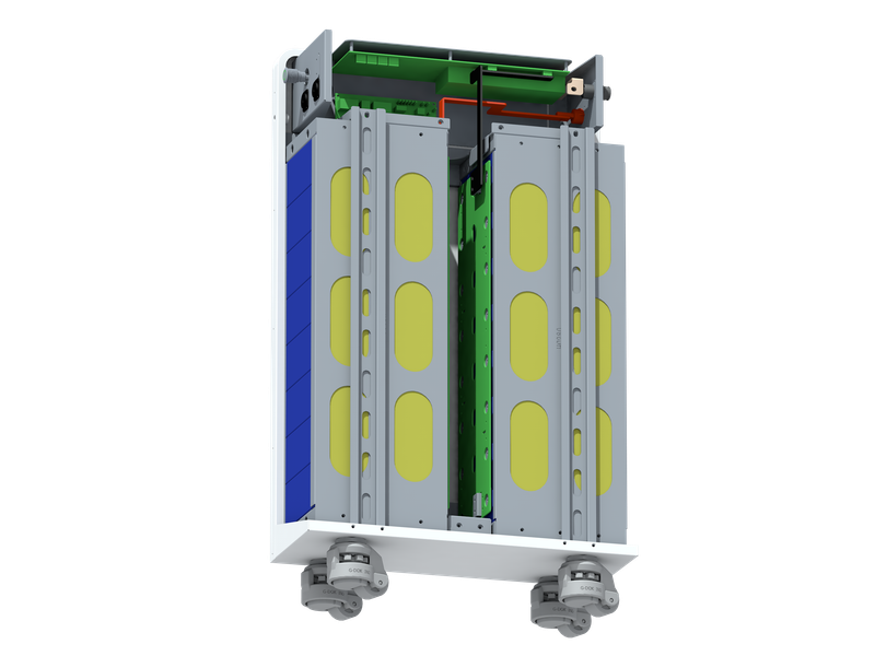Sleek side interface and hybrid inverter compatibility details of Rakour 51.2V 314Ah low-voltage battery.