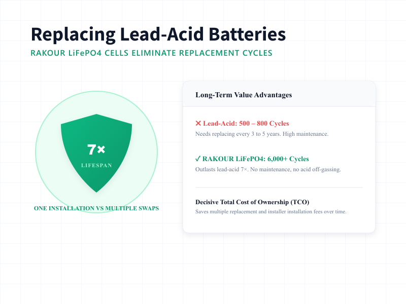 Comparison showing Rakour 200Ah LiFePO4 battery outlasting lead-acid replacements sevenfold with zero maintenance.