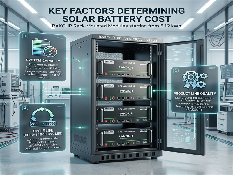 Sleek RAKOUR rack-mounted battery modules inside a cabinet, illustrating residential solar battery cost factors like capacity and cycle life.