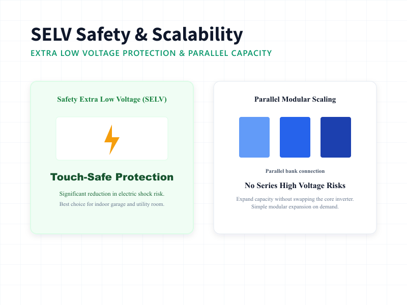 Safety extra low voltage SELV touch-safe badge and parallel modular scalability concept for residential batteries.