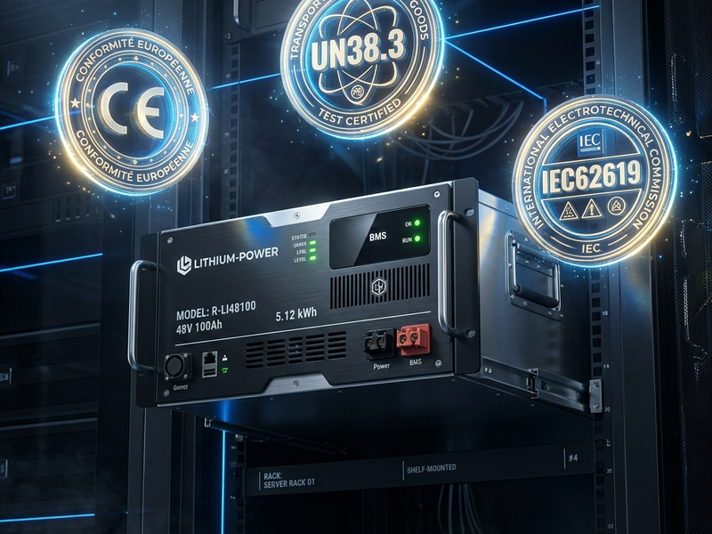 Rakour high-voltage battery modules displaying glowing holographic certification badges of CE, UN38.3, and IEC62619 for stationary energy storage safety compliance.