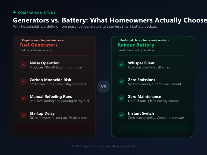 Side-by-side comparison of a traditional fuel generator vs. a Rakour home battery backup, highlighting battery advantages like zero startup delay, zero carbon monoxide risk, and silent operation.