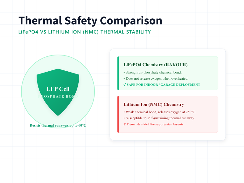 Thermal stability and runaway resistance mechanism comparison between LiFePO4 and Lithium Ion NMC chemistry.