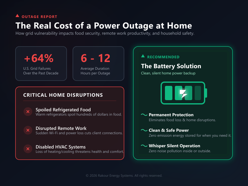 Infographic illustrating the real cost of a home power outage, showing warnings for food spoilage, remote work disruption, and disabled HVAC systems, alongside a clean and silent Rakour battery backup solution.