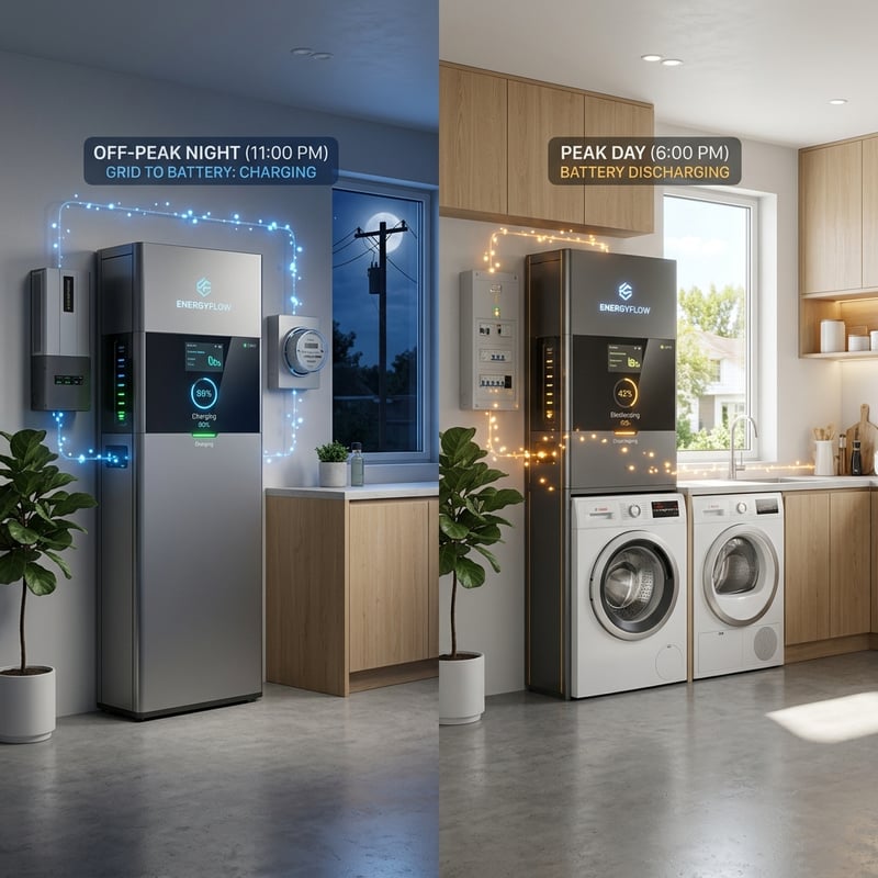 Rakour home battery backup cabinet operating in grid-only mode, showing smart time-of-use scheduling with off-peak charging and peak-rate discharge.