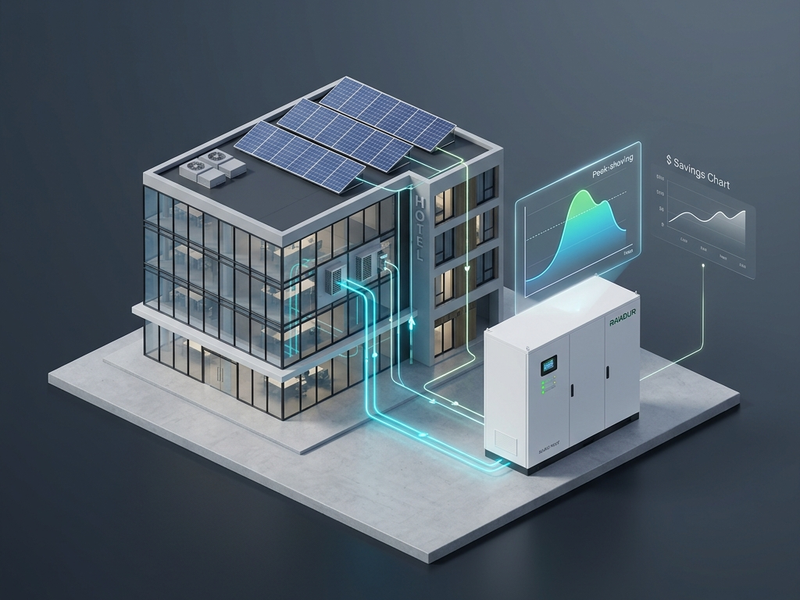 Integrated commercial energy storage system cabinet showing peak demand charge reduction and load shifting curve.