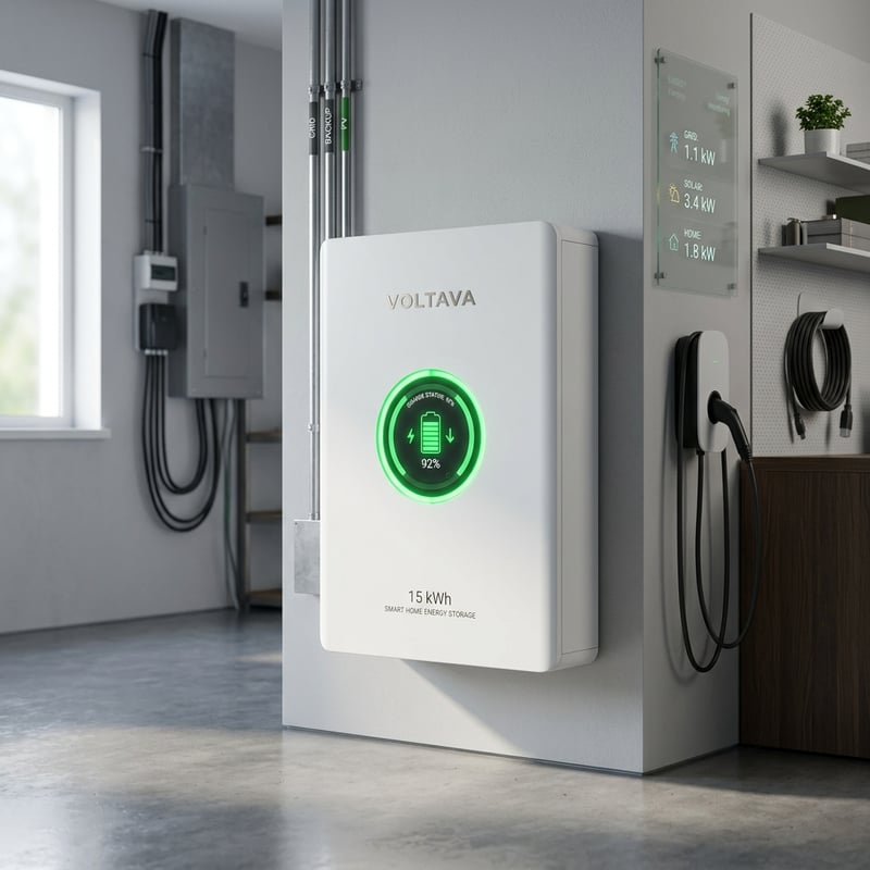 Rakour smart 15 kWh home battery backup unit providing genuine backup autonomy for residential solar systems, featuring clean minimalist design with green status LED ring.