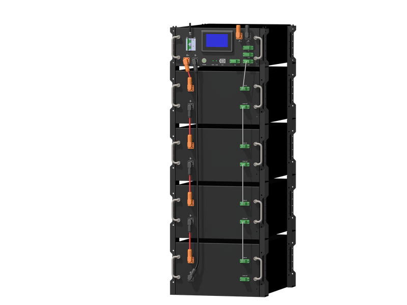 Isometric 3D view of Rakour scalable high-voltage rack-mounted battery storage system for residential and light commercial solar projects.
