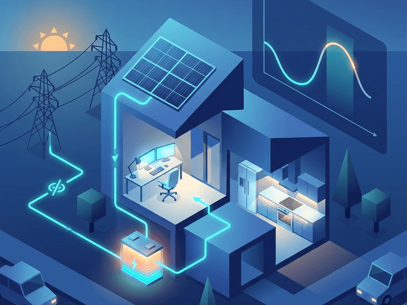 A residential battery storage system charging on low-cost solar power and discharging at night to reduce grid dependence.
