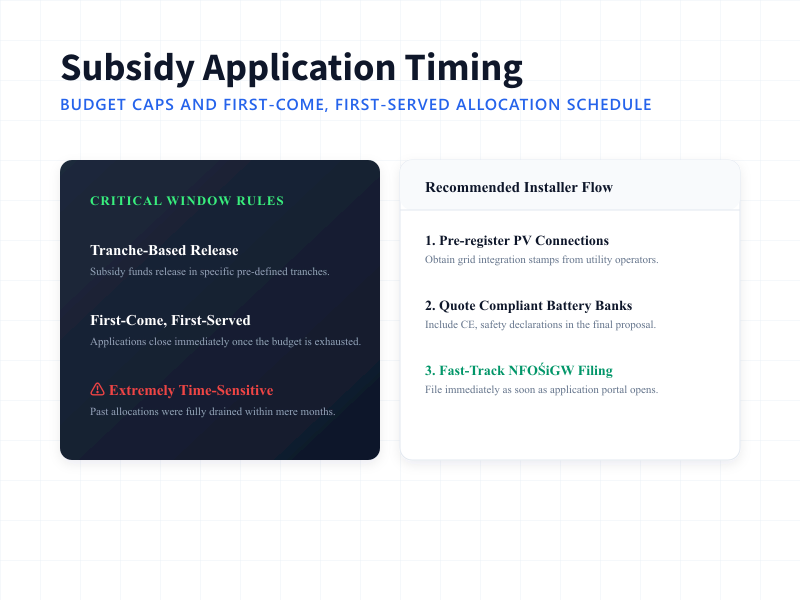 Installer timeline checklist for Poland Moj Prad subsidy application filing and tranche budget limits.